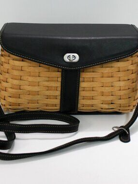 Retired Longaberger Signature Series Woven Basket Handbag Black Leather Maple